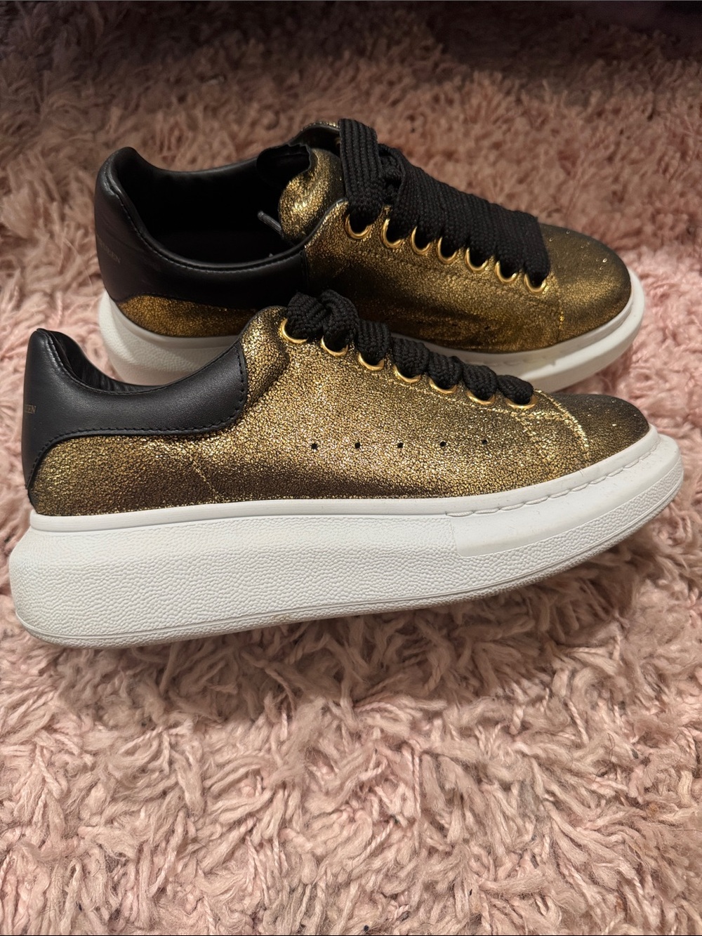 Alexander McQueen Womens Metallic Gold Platform Sneakers with Black Trim
